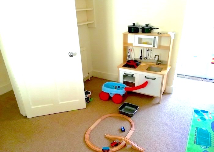 Toy room declutter and toy storage ideas kitchen area before