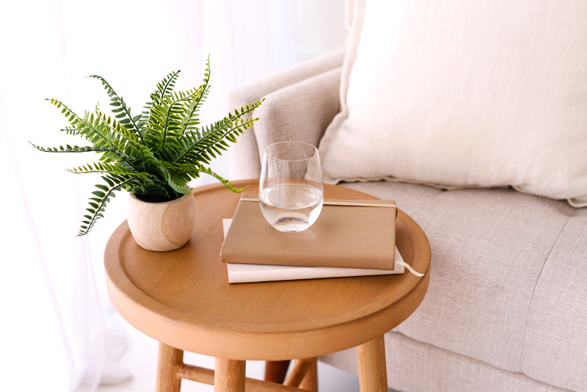 Skincare tips for busy mums water and plant on a table next to a sofa