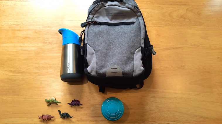water bottle, back pack and snacks things that make mum life easier.