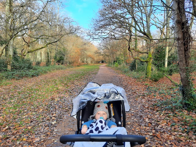 Baby in a stroller in a park - one tip to help decide when to stop using a stroller