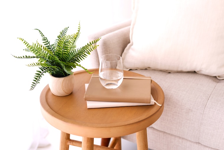 Coffee table with plant, 2 notebooks, glass of water in front of a couch - some supplies you need to become an organised mum.